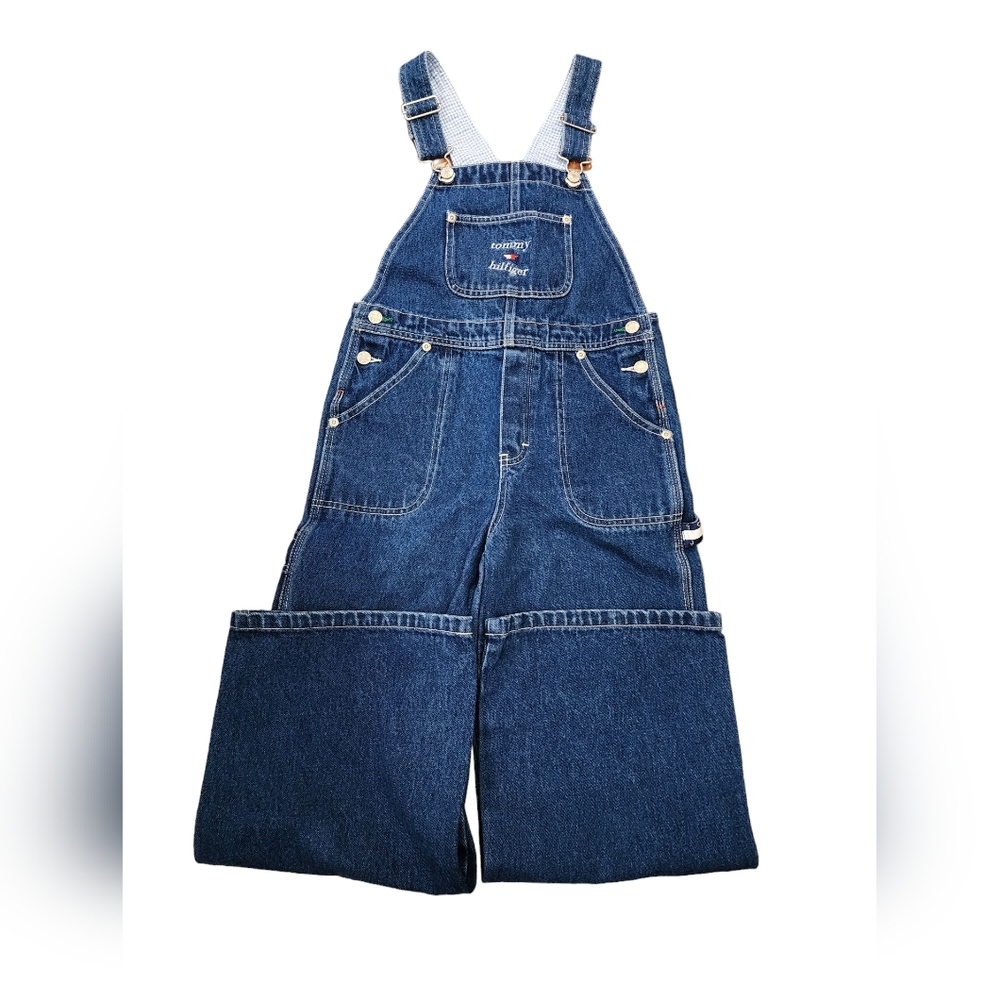 Tommy Hilfiger Denim Overalls Kids Wide Leg Pockets Flag Spell Out VTG Y2K Small - Picture 2 of 8
